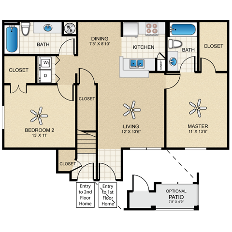 Floor plan for 2 beds, 2 baths, 980 sqft
